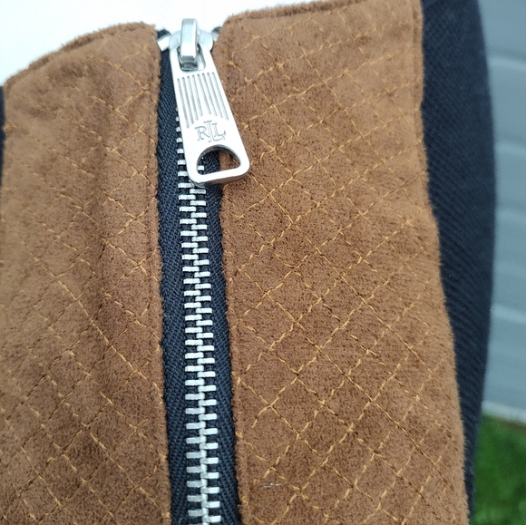 Lauren Ralph Lauren Black Fit & Flare Dress Camel Leather Shoulder Trim Large - Picture 5 of 10